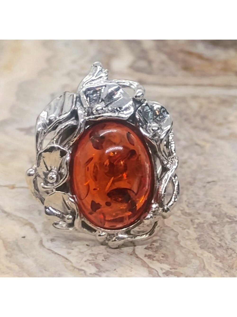 Baltic Amber Sterling Silver Ring Size 9Floral Setting Art Deco Style